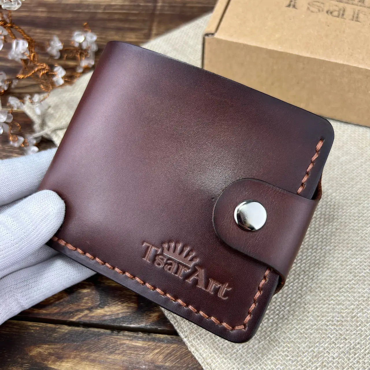 Classic Leather Bifold Wallet with Coin Pocket and Snap Closure - Hand Stitched - Tsar Art