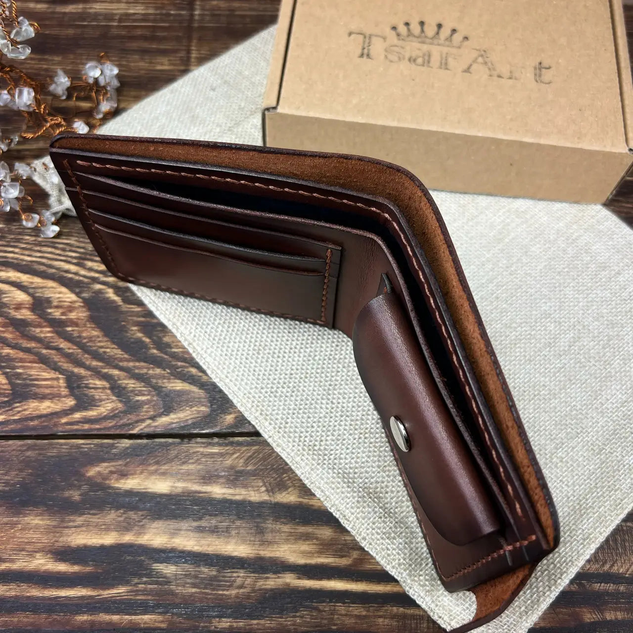 Classic Leather Bifold Wallet with Coin Pocket and Snap Closure - Hand Stitched - Tsar Art