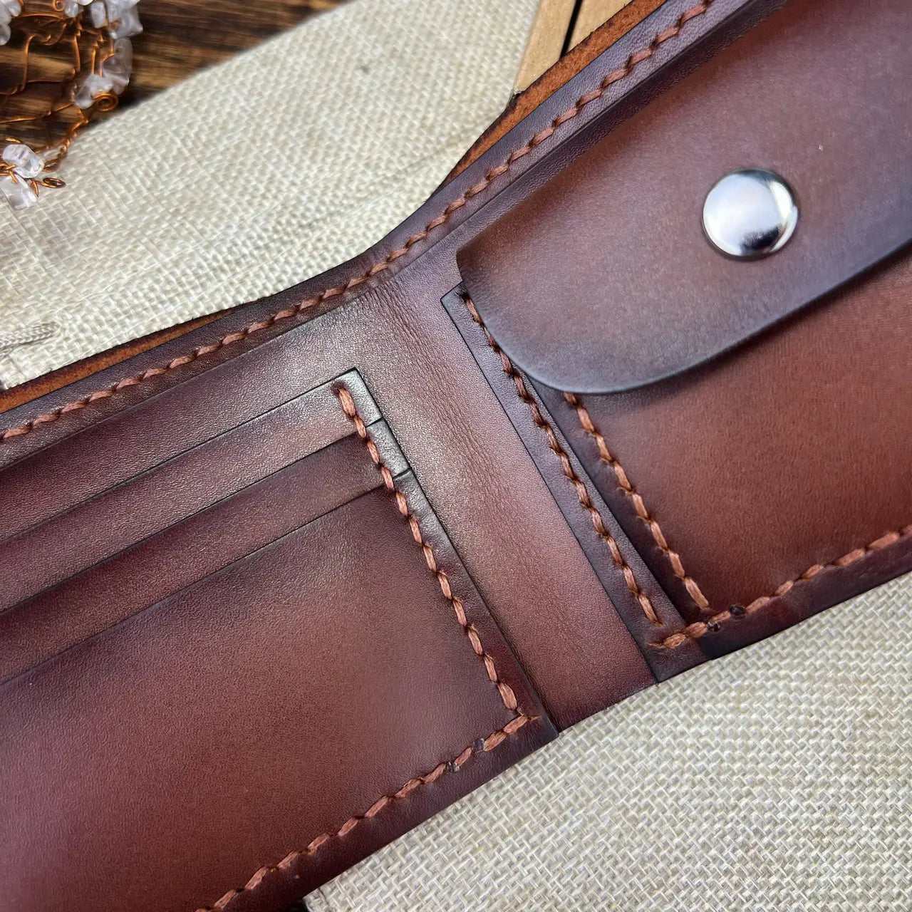 Classic Leather Bifold Wallet with Coin Pocket and Snap Closure - Hand Stitched - Tsar Art