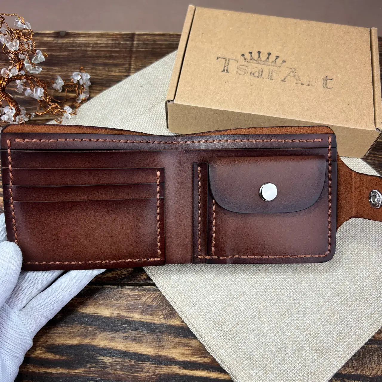 Classic Leather Bifold Wallet with Coin Pocket and Snap Closure - Hand Stitched - Tsar Art