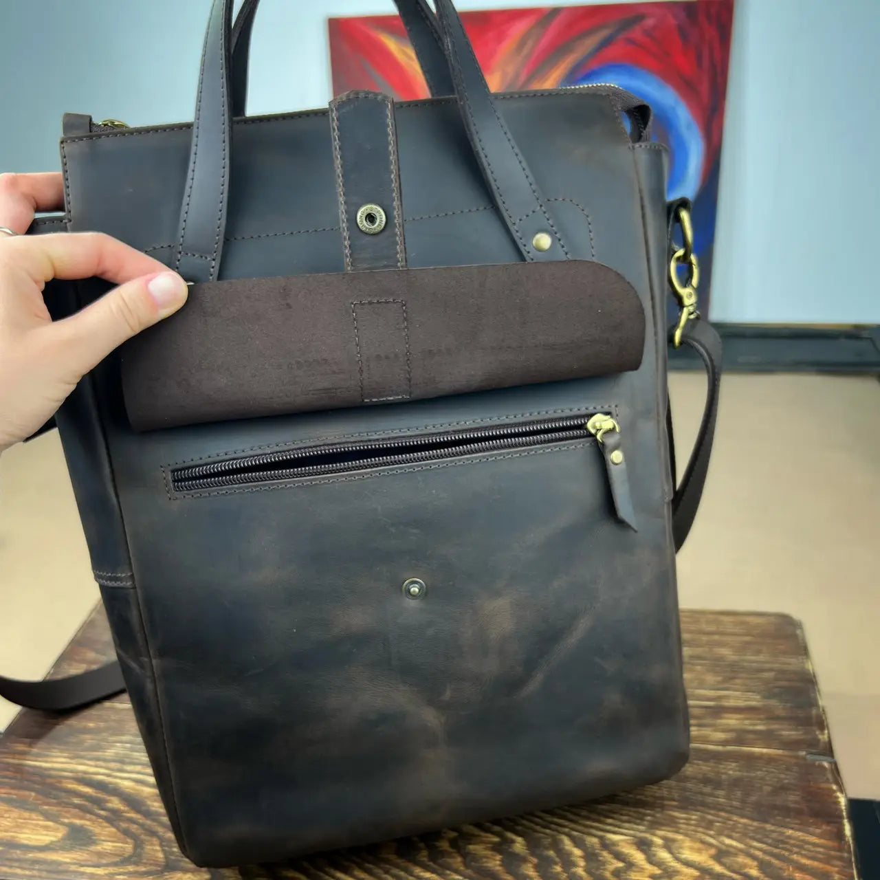 Dark Brown Crazy Horse Leather Vertical Messenger Bag