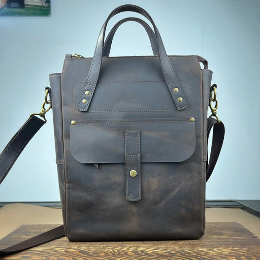 Dark Brown Crazy Horse Leather Vertical Messenger Bag
