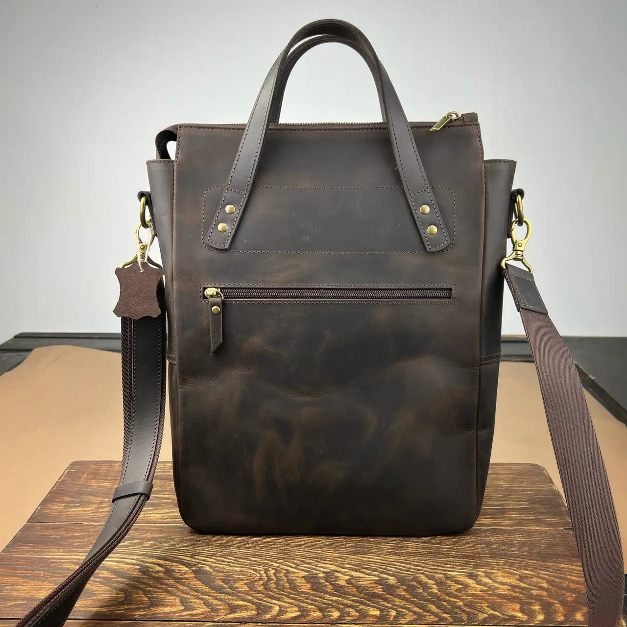 Dark Brown Crazy Horse Leather Vertical Messenger Bag
