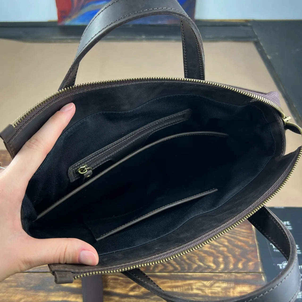 Dark Brown Crazy Horse Leather Vertical Messenger Bag