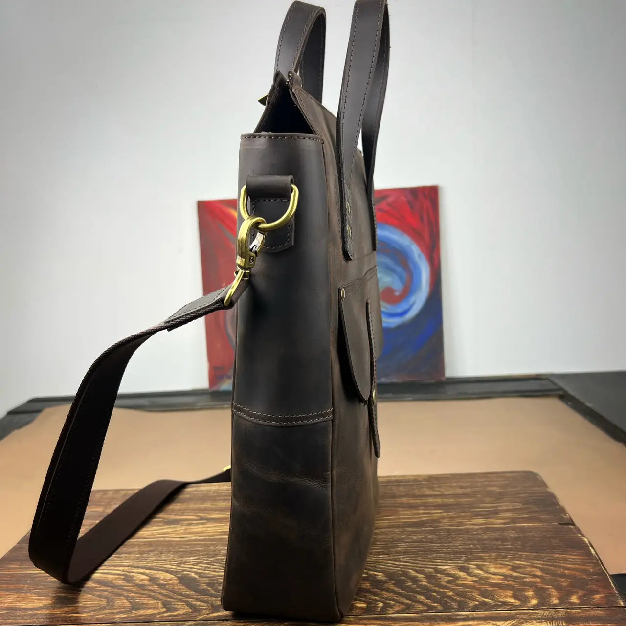 Dark Brown Crazy Horse Leather Vertical Messenger Bag