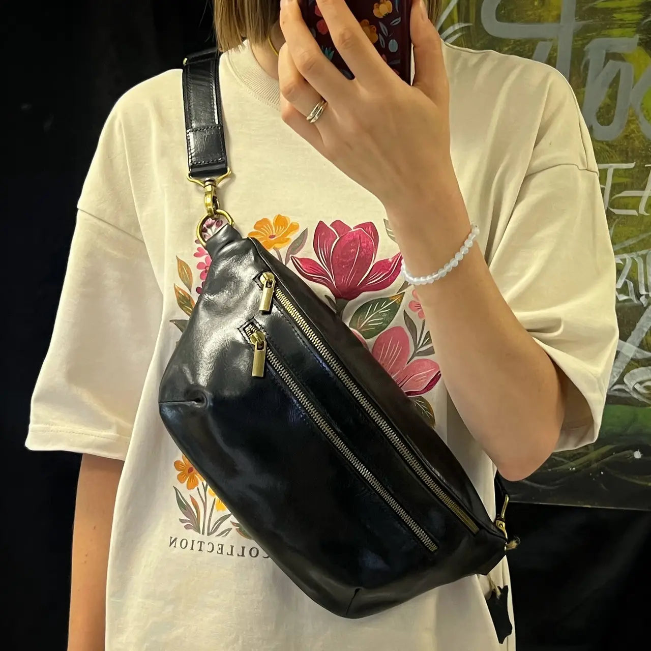 Smooth Black Leather Belt Bag / Crossbody Sling Bag