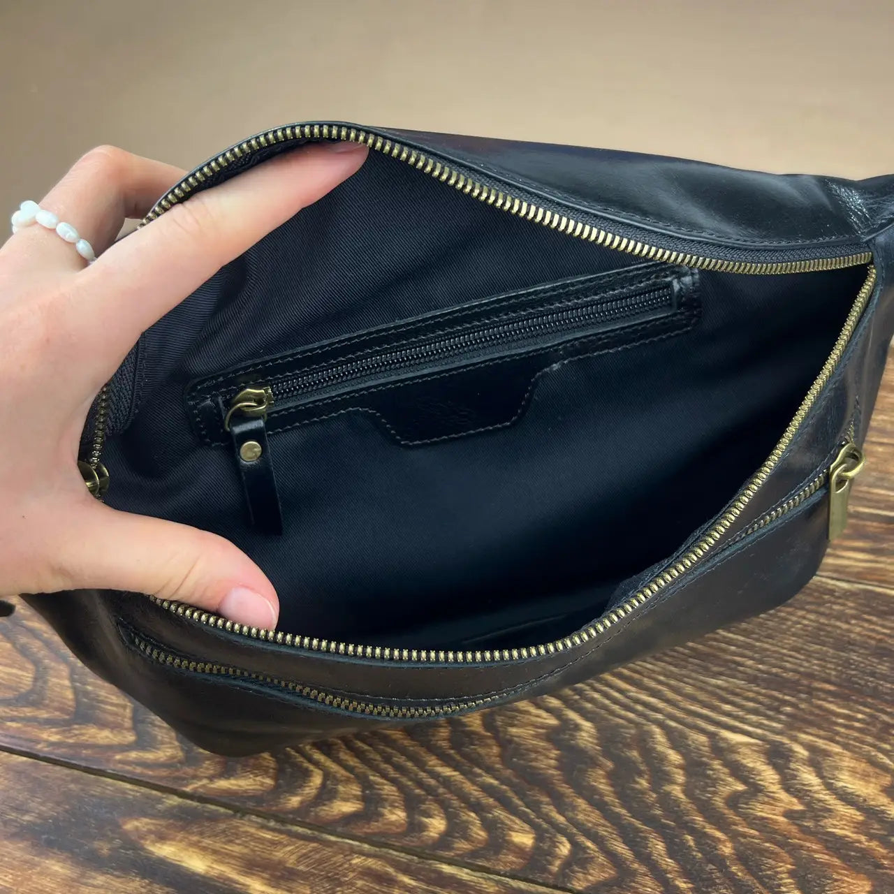 Smooth Black Leather Belt Bag / Crossbody Sling Bag