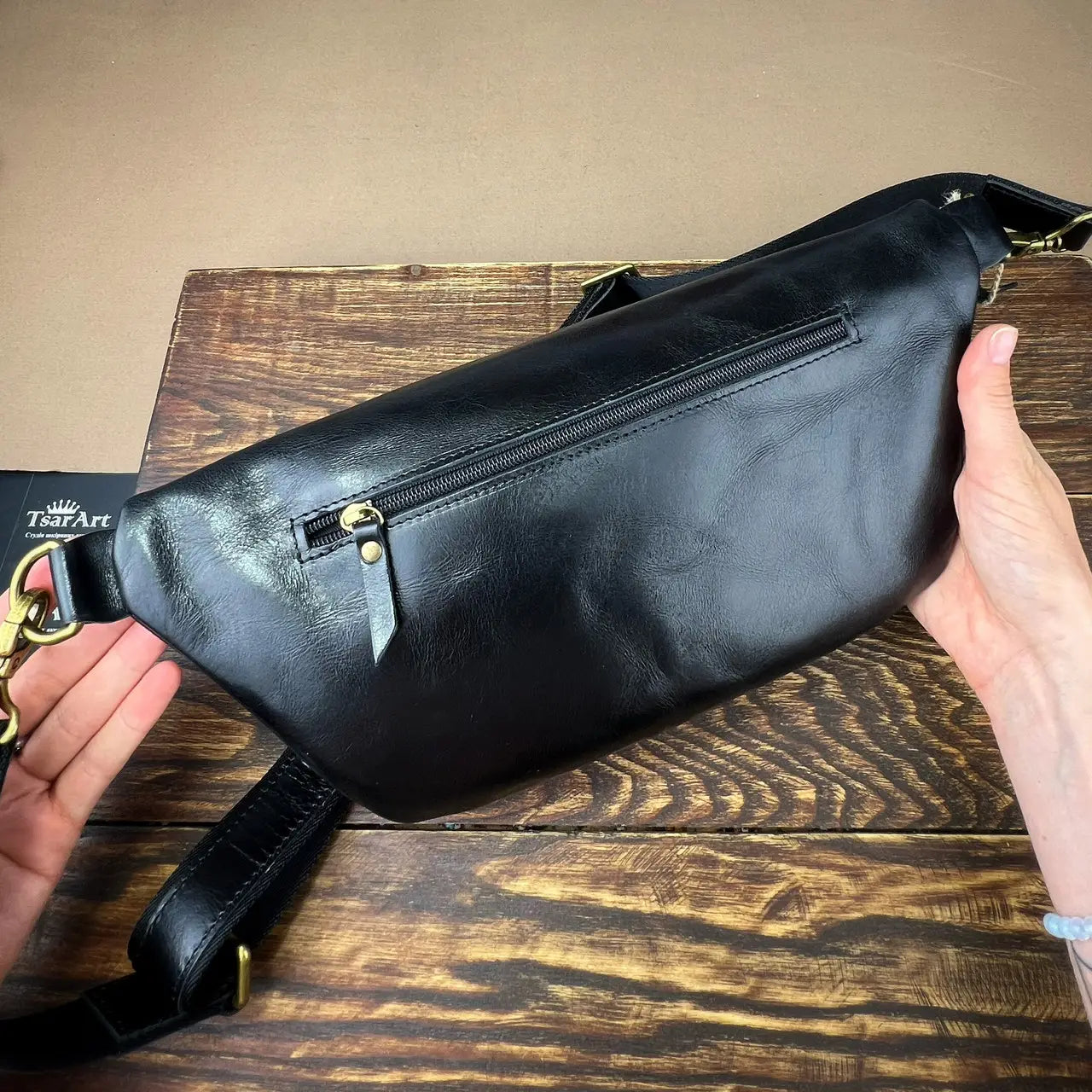 Smooth Black Leather Belt Bag / Crossbody Sling Bag
