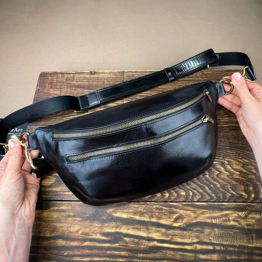Smooth Black Leather Belt Bag / Crossbody Sling Bag