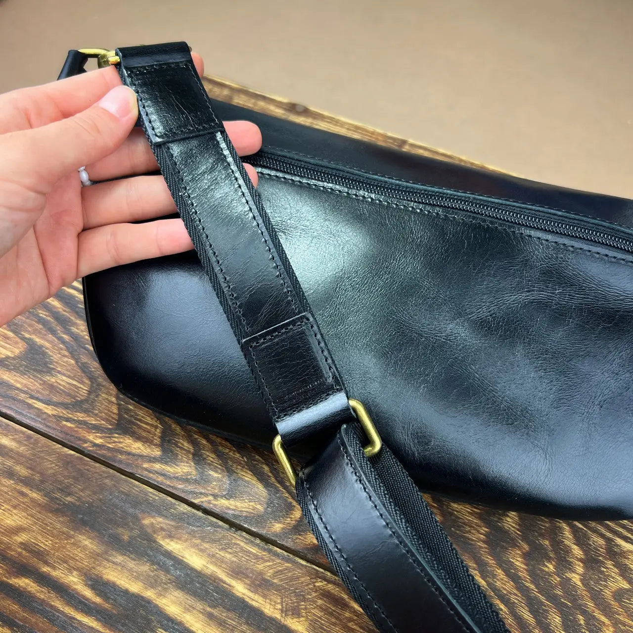 Smooth Black Leather Belt Bag / Crossbody Sling Bag