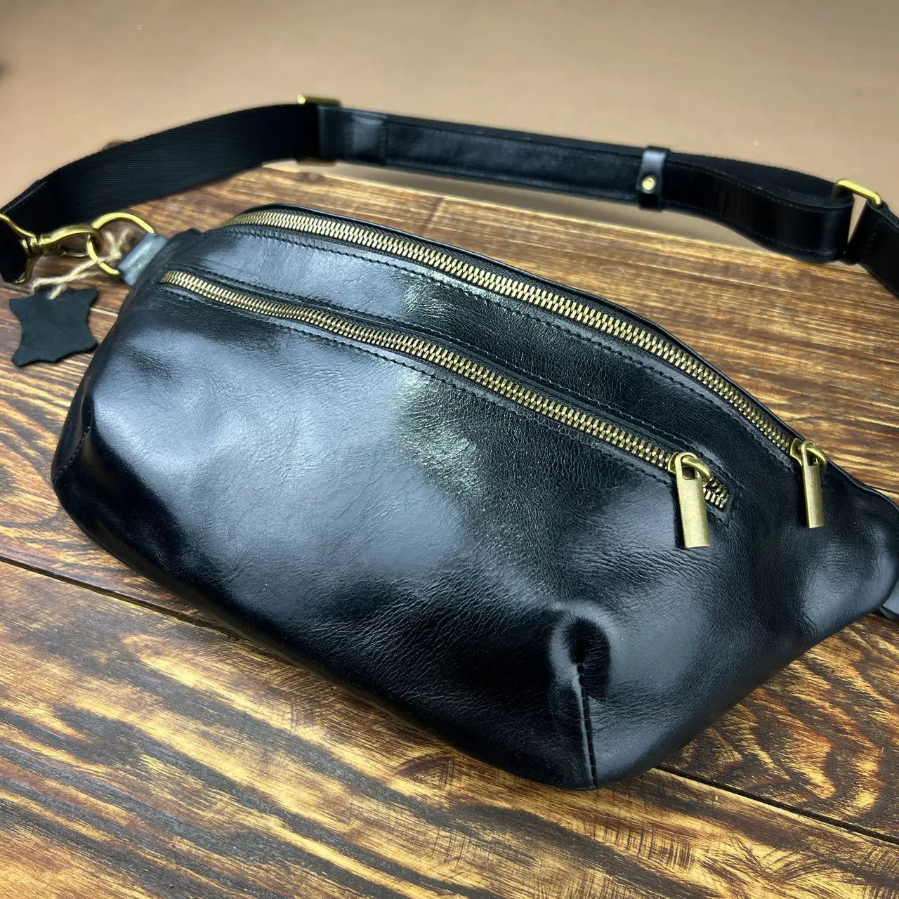 Smooth Black Leather Belt Bag / Crossbody Sling Bag