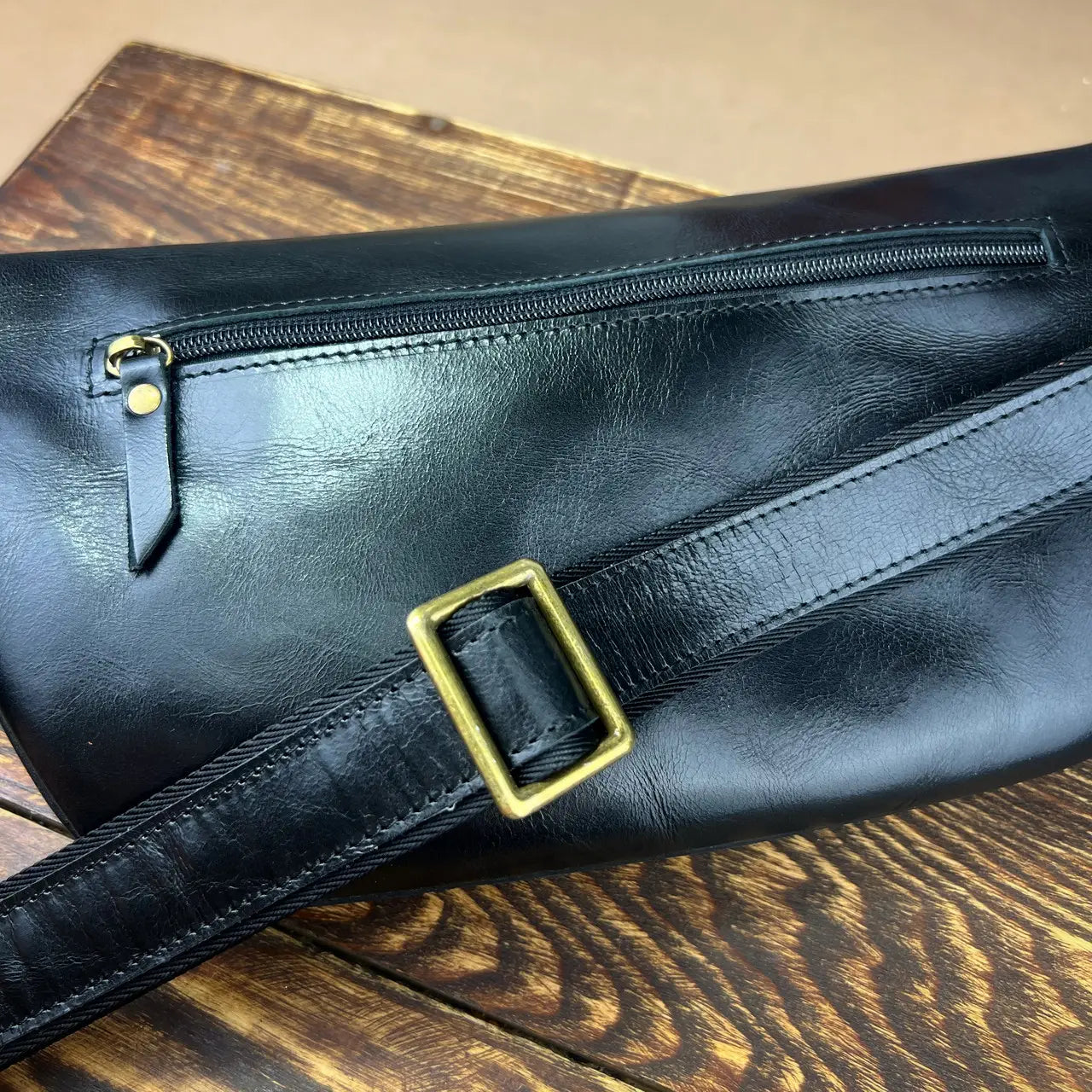 Smooth Black Leather Belt Bag / Crossbody Sling Bag