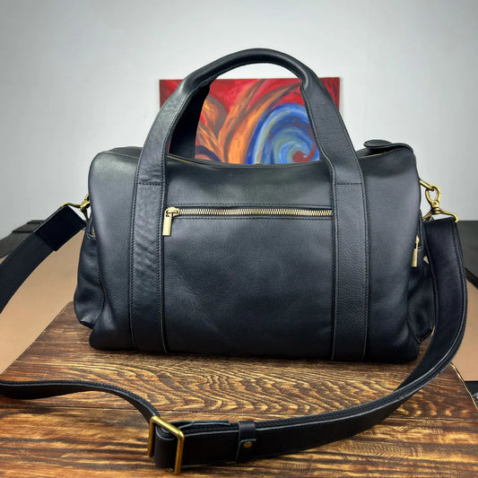 Genuine Leather Sports & Travel Duffle Bag - Black