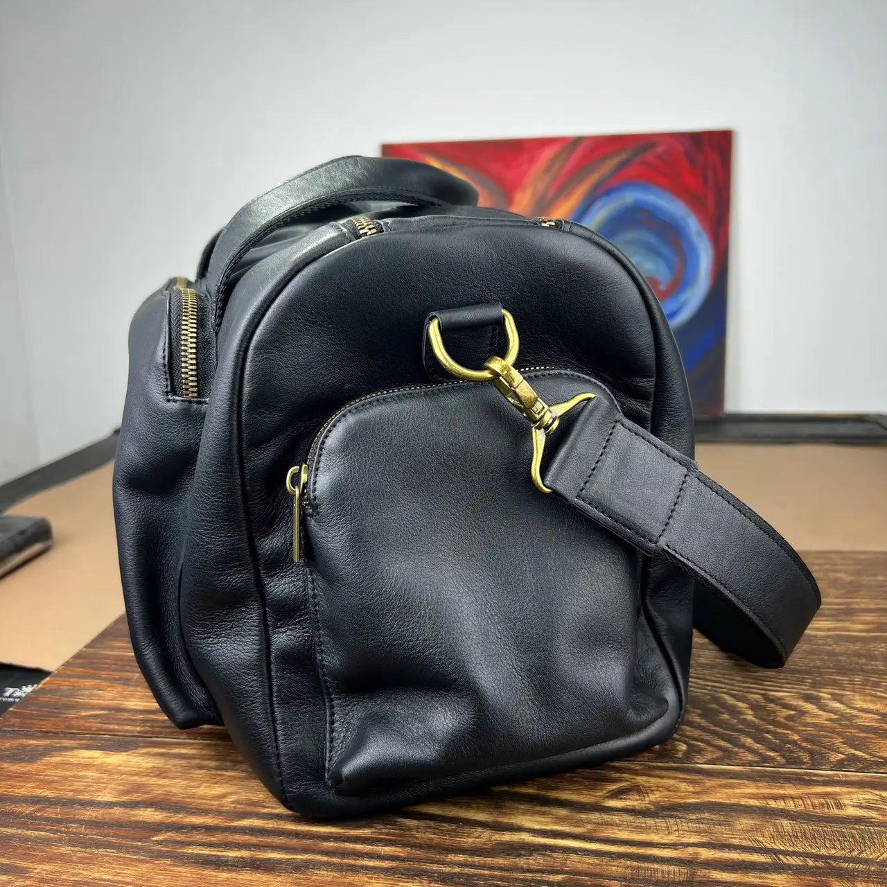Genuine Leather Sports & Travel Duffle Bag - Black