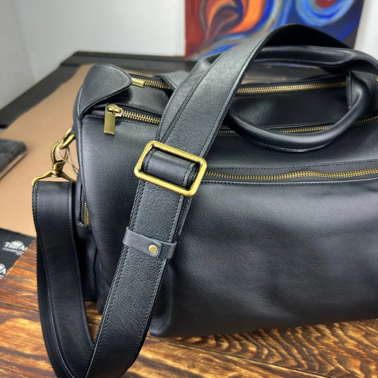 Genuine Leather Sports & Travel Duffle Bag - Black
