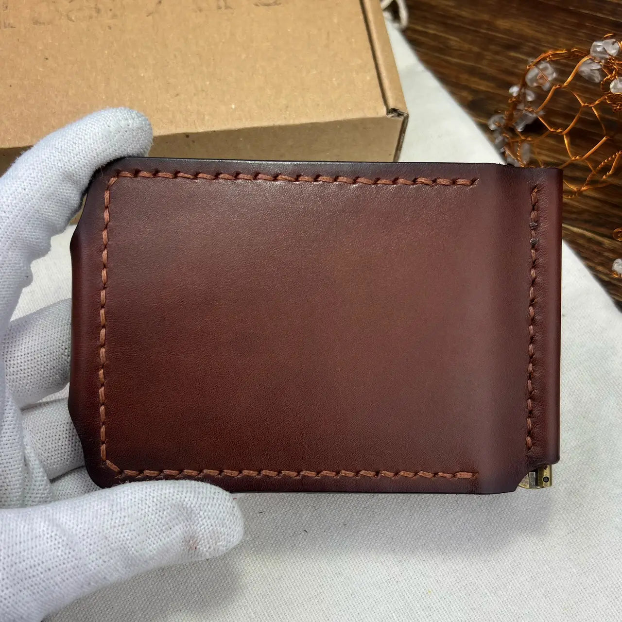 Handmade Leather Money Clip Wallet with Hidden Pockets and Snap Button - Tsar Art