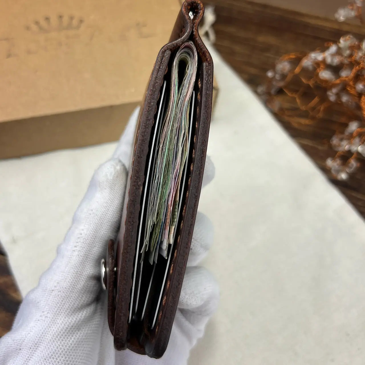 Handmade Leather Money Clip Wallet with Hidden Pockets and Snap Button - Tsar Art