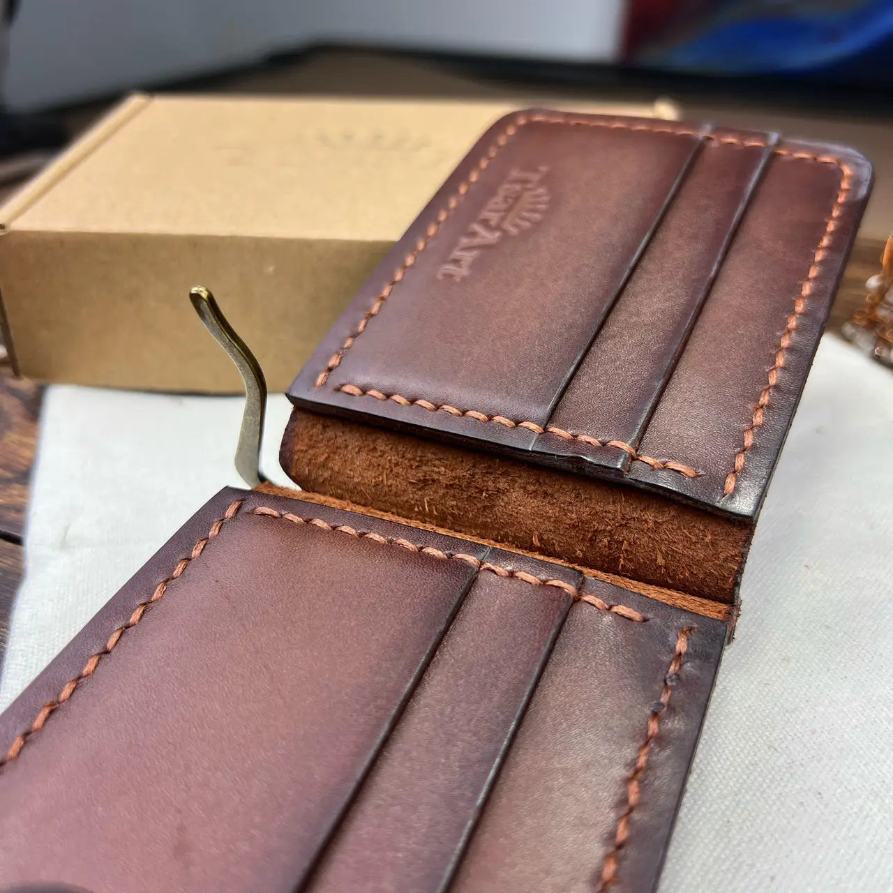 Handmade Leather Money Clip Wallet with Hidden Pockets and Snap Button - Tsar Art