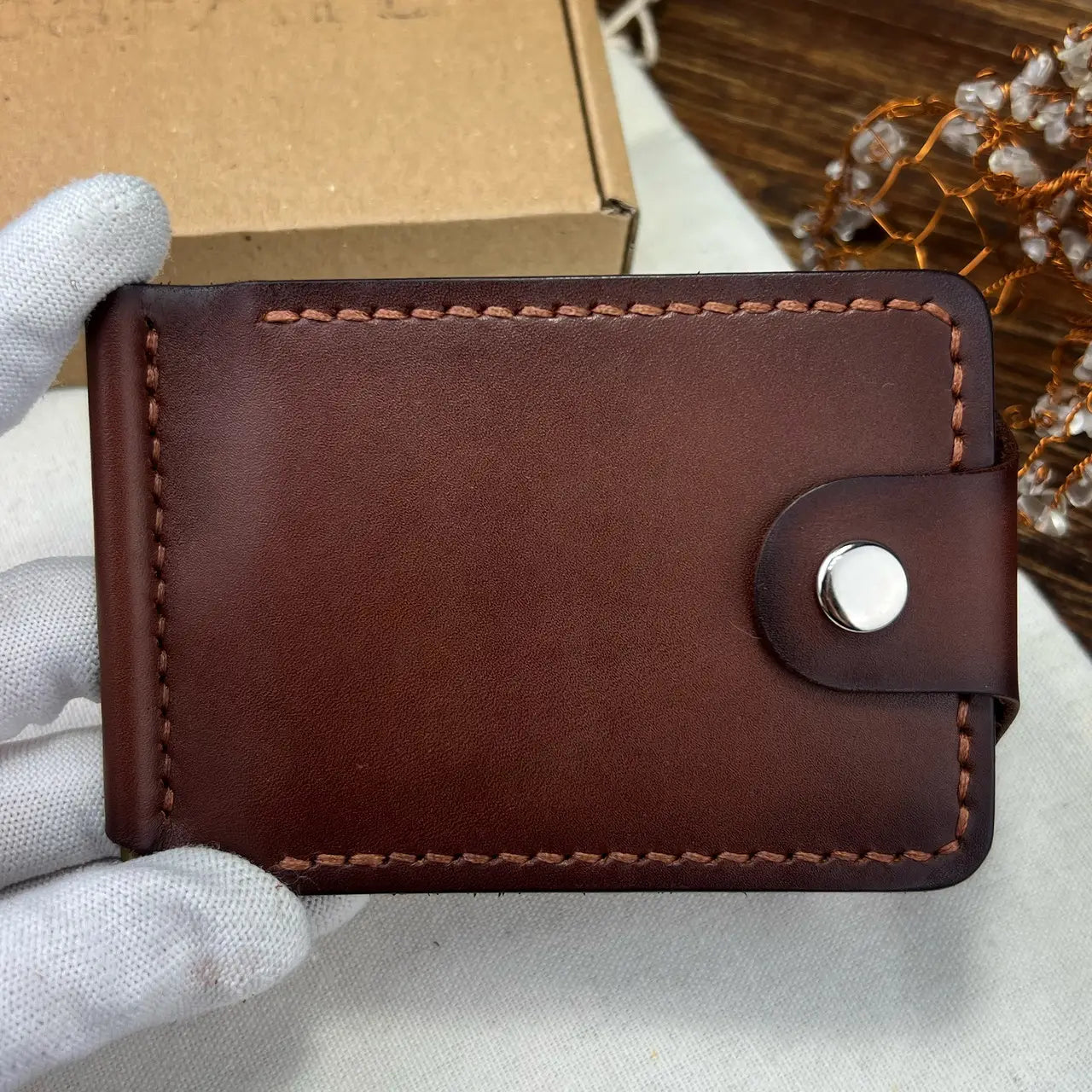 Handmade Leather Money Clip Wallet with Hidden Pockets and Snap Button - Tsar Art