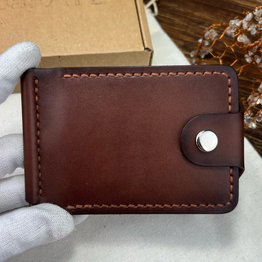 Handmade Leather Money Clip Wallet with Hidden Pockets and Snap Button - Tsar Art