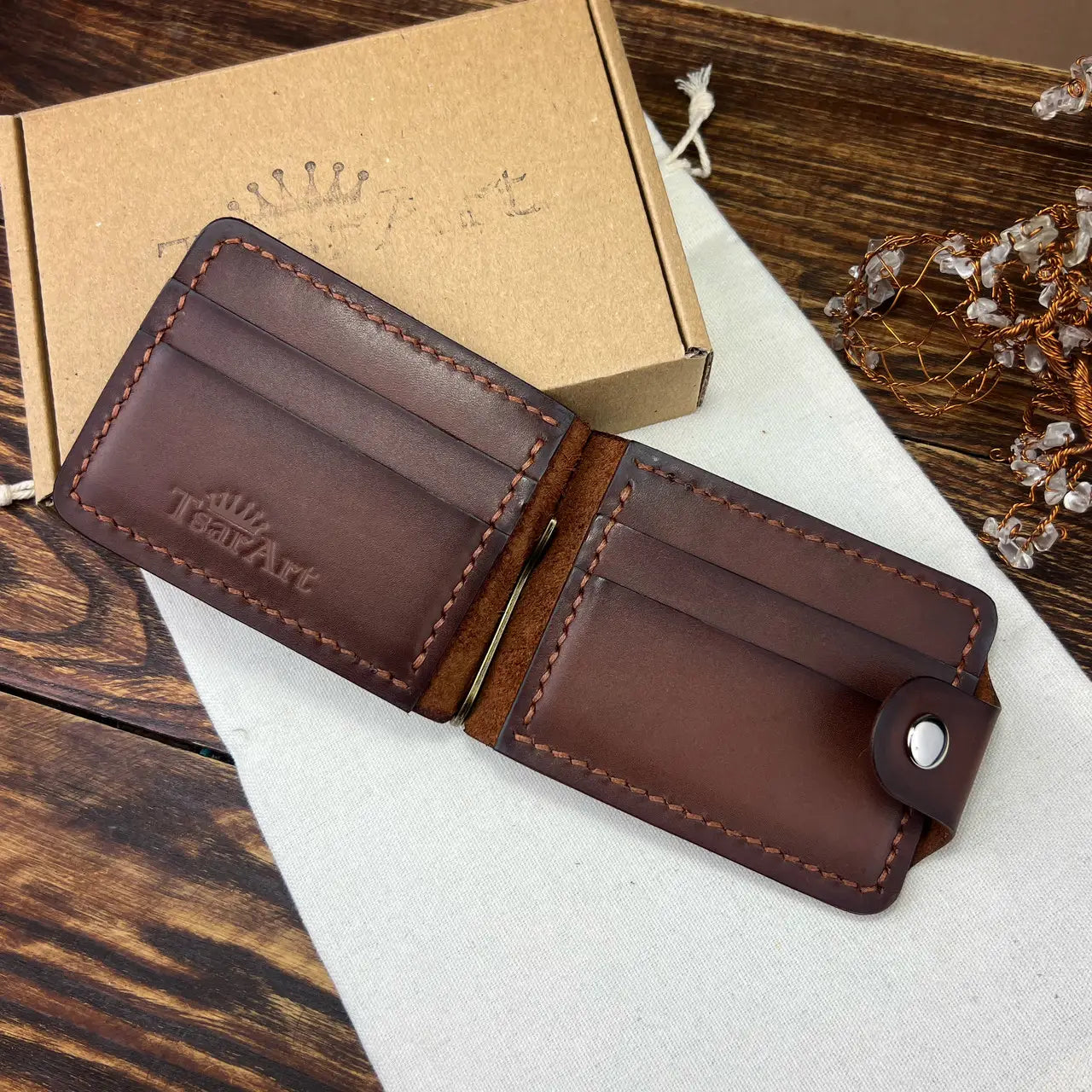 Handmade Leather Money Clip Wallet with Hidden Pockets and Snap Button - Tsar Art