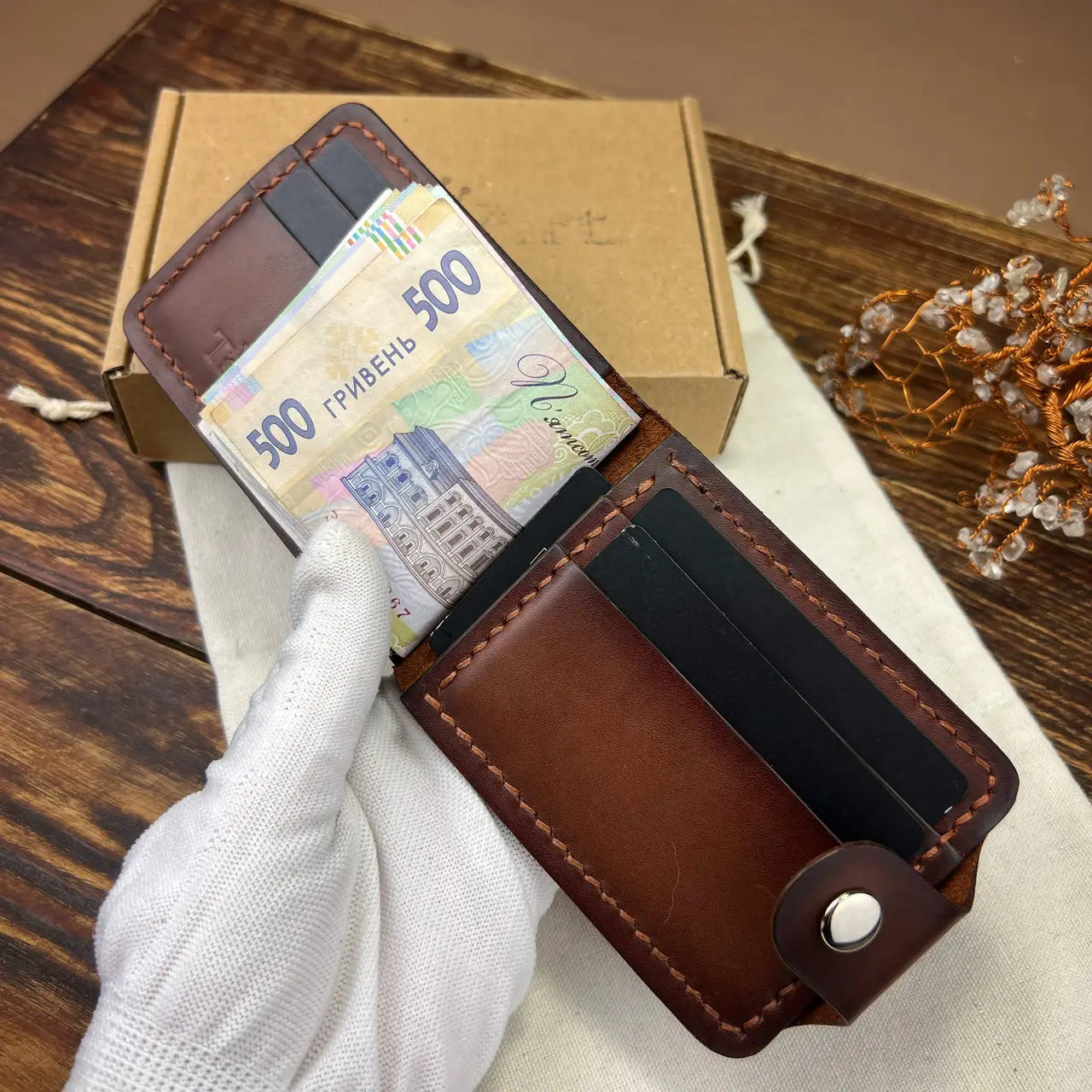 Handmade Leather Money Clip Wallet with Hidden Pockets and Snap Button - Tsar Art