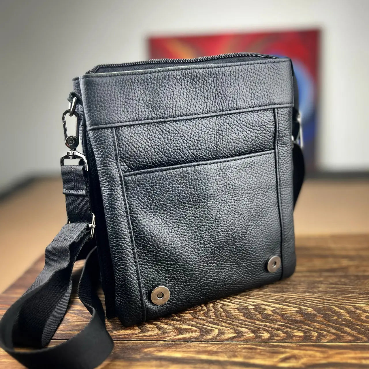 Men’s Black Flotar Leather Shoulder Bag – Multi-Compartment Messenger Bag