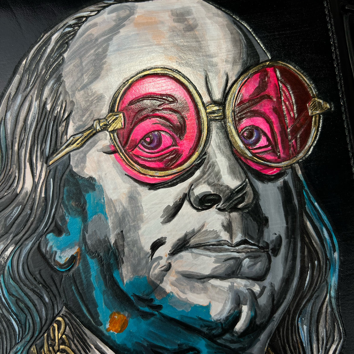1-of-1 Hand-Painted Benjamin Franklin Pop Art Leather Shoulder Bag – Exclusive Artwork Object