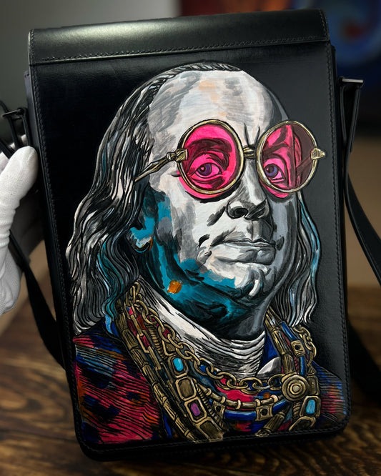 1-of-1 Hand-Painted Benjamin Franklin Pop Art Leather Shoulder Bag – Exclusive Artwork Object
