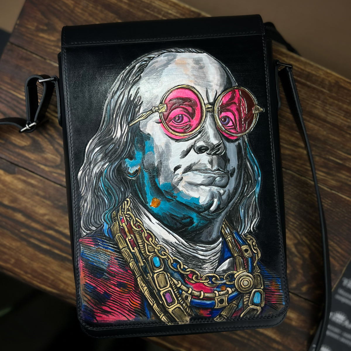 1-of-1 Hand-Painted Benjamin Franklin Pop Art Leather Shoulder Bag – Exclusive Artwork Object