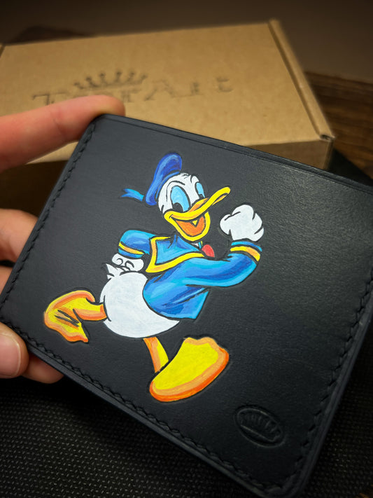 Hand-Painted Donald Duck Leather Cardholder – Slim Hand-Stitched Wallet