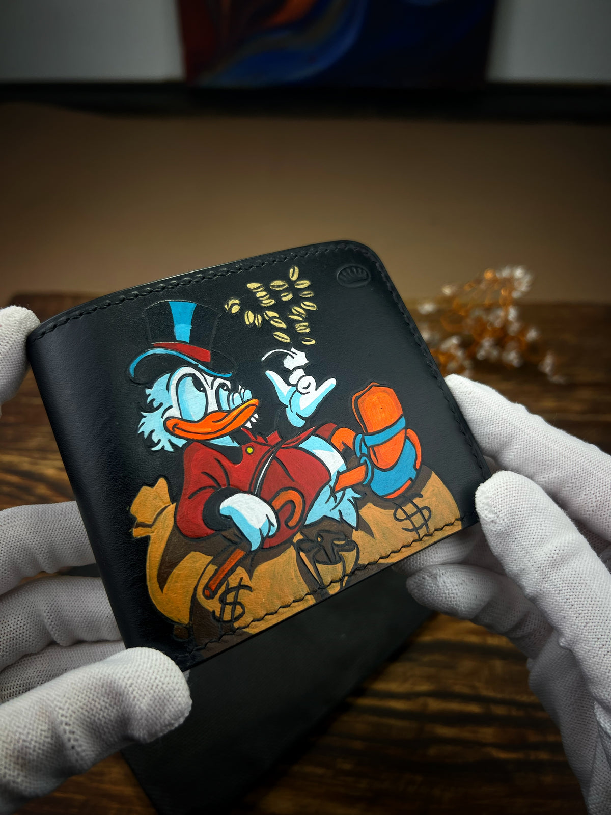 1-of-1 Hand-Painted Scrooge McDuck Leather Wallet – Classic Men's Bifold