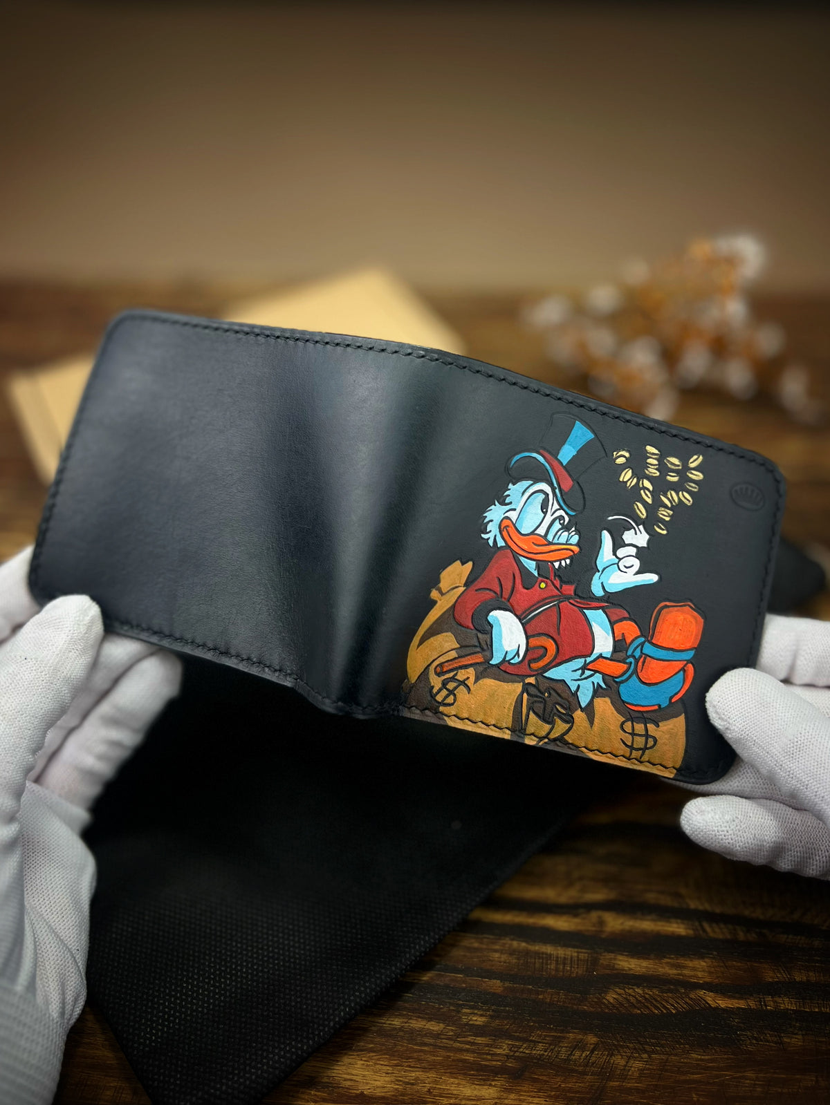 1-of-1 Hand-Painted Scrooge McDuck Leather Wallet – Classic Men's Bifold