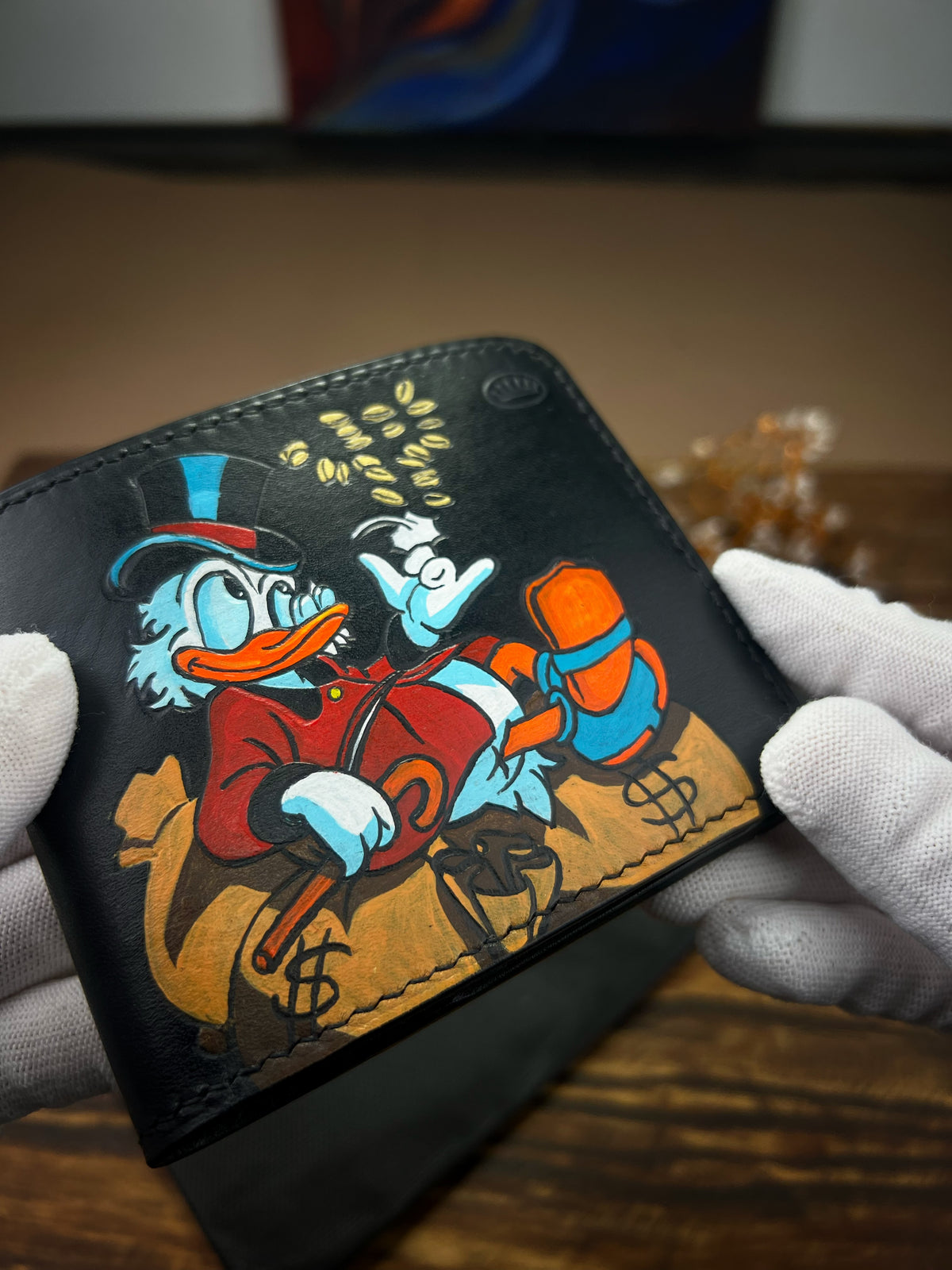 1-of-1 Hand-Painted Scrooge McDuck Leather Wallet – Classic Men's Bifold