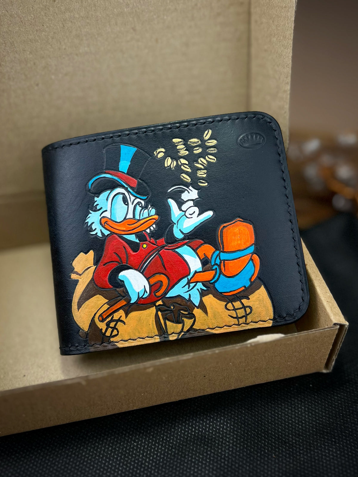 1-of-1 Hand-Painted Scrooge McDuck Leather Wallet – Classic Men's Bifold