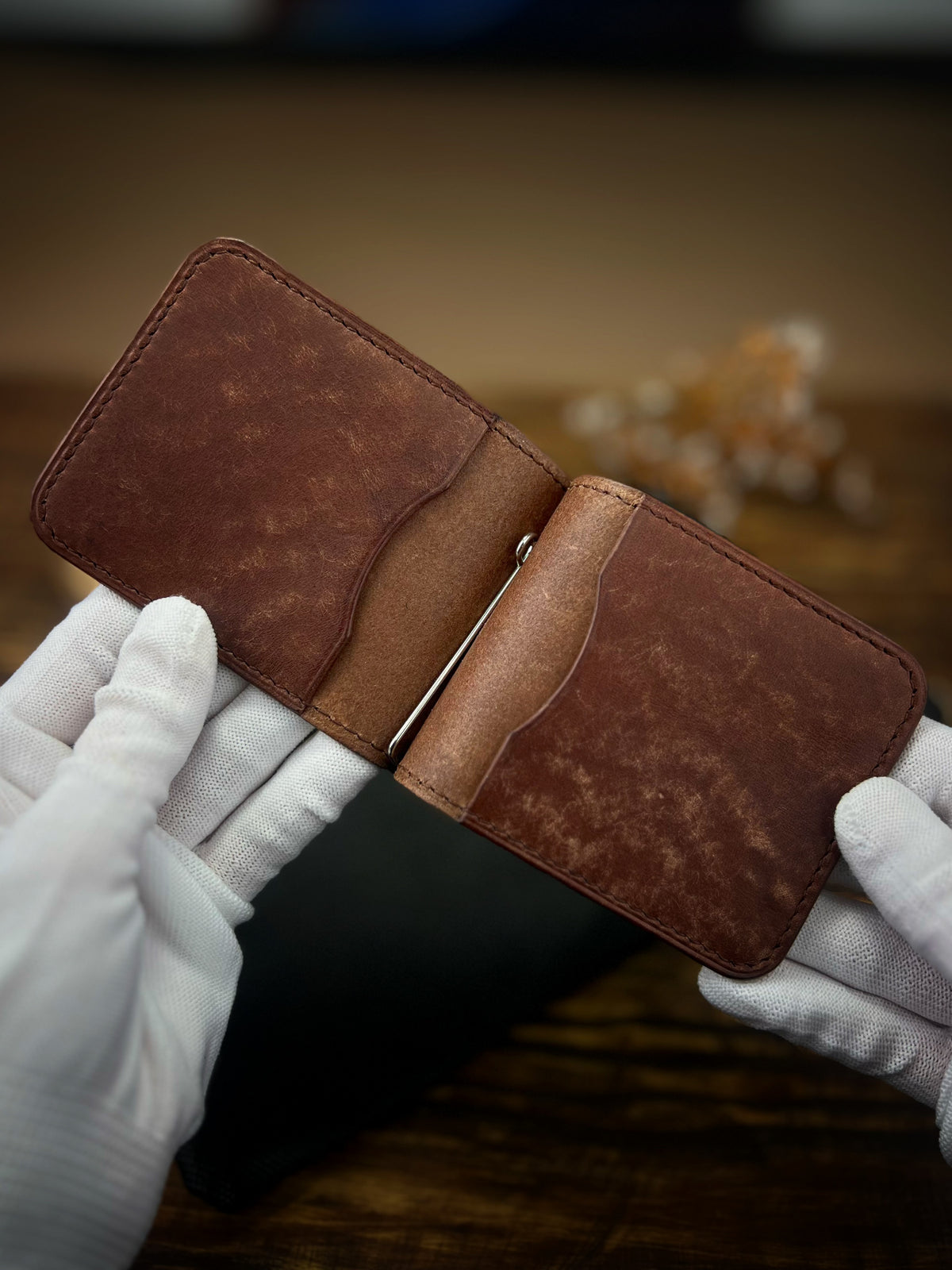 Cognac Pueblo Leather Money Clip Wallet – Slim Hand-Stitched Money Clip