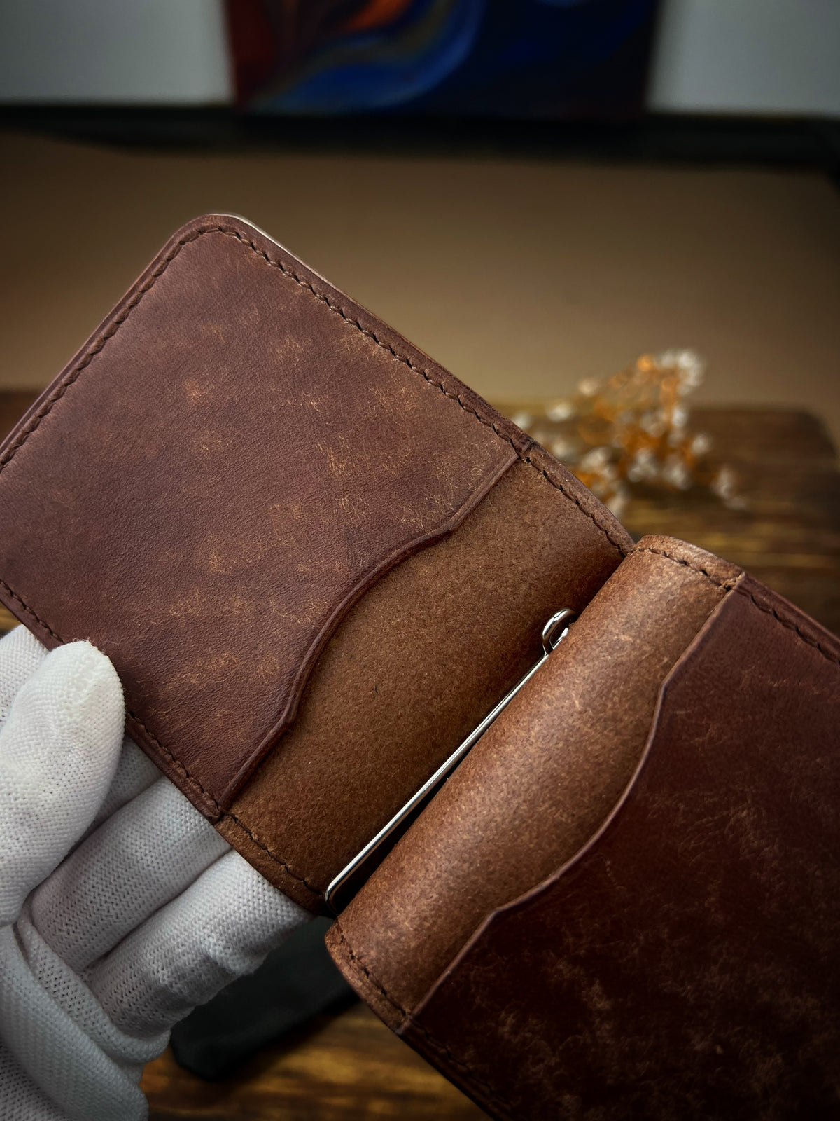 Cognac Pueblo Leather Money Clip Wallet – Slim Hand-Stitched Money Clip