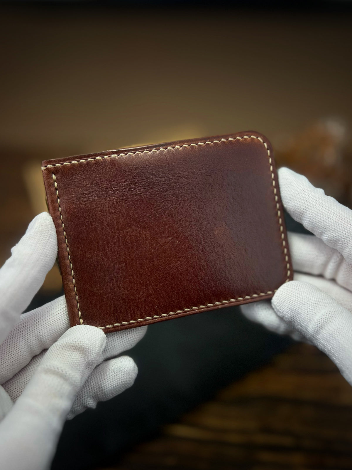 Wax-Finished Cognac Pueblo Leather Money Clip – Beige Hand-Stitched Wallet