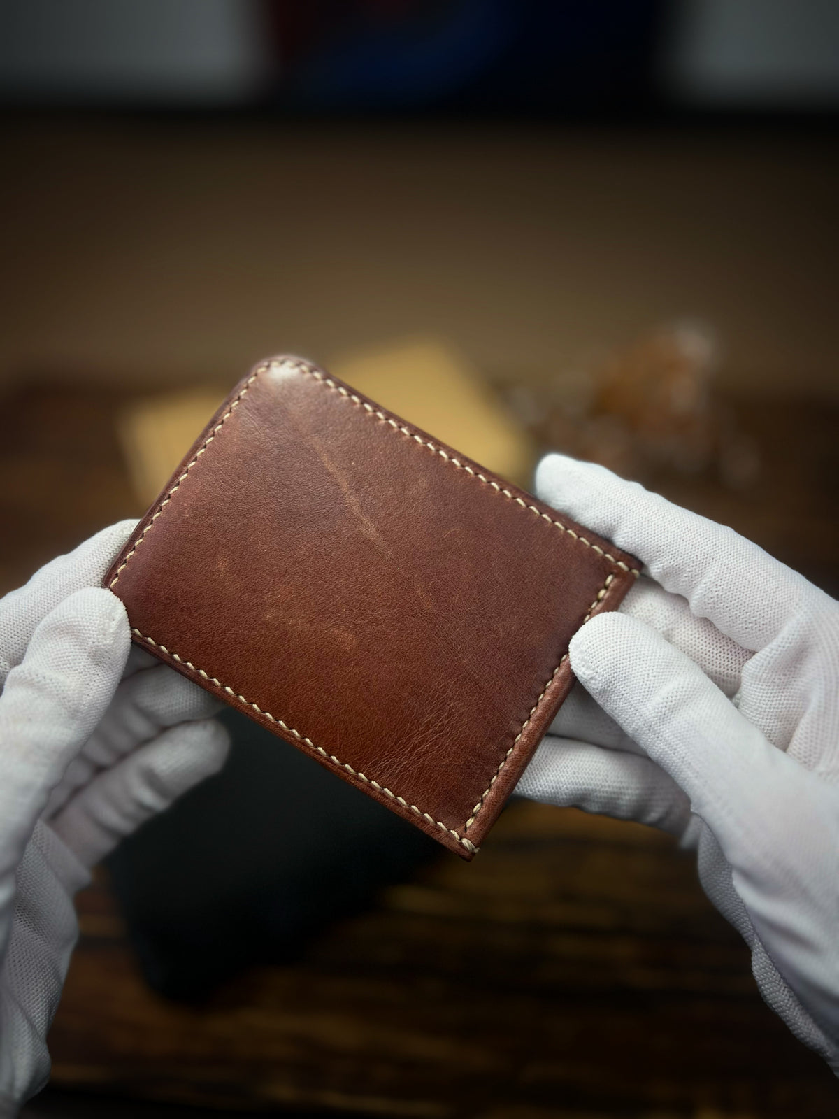 Wax-Finished Cognac Pueblo Leather Money Clip – Beige Hand-Stitched Wallet