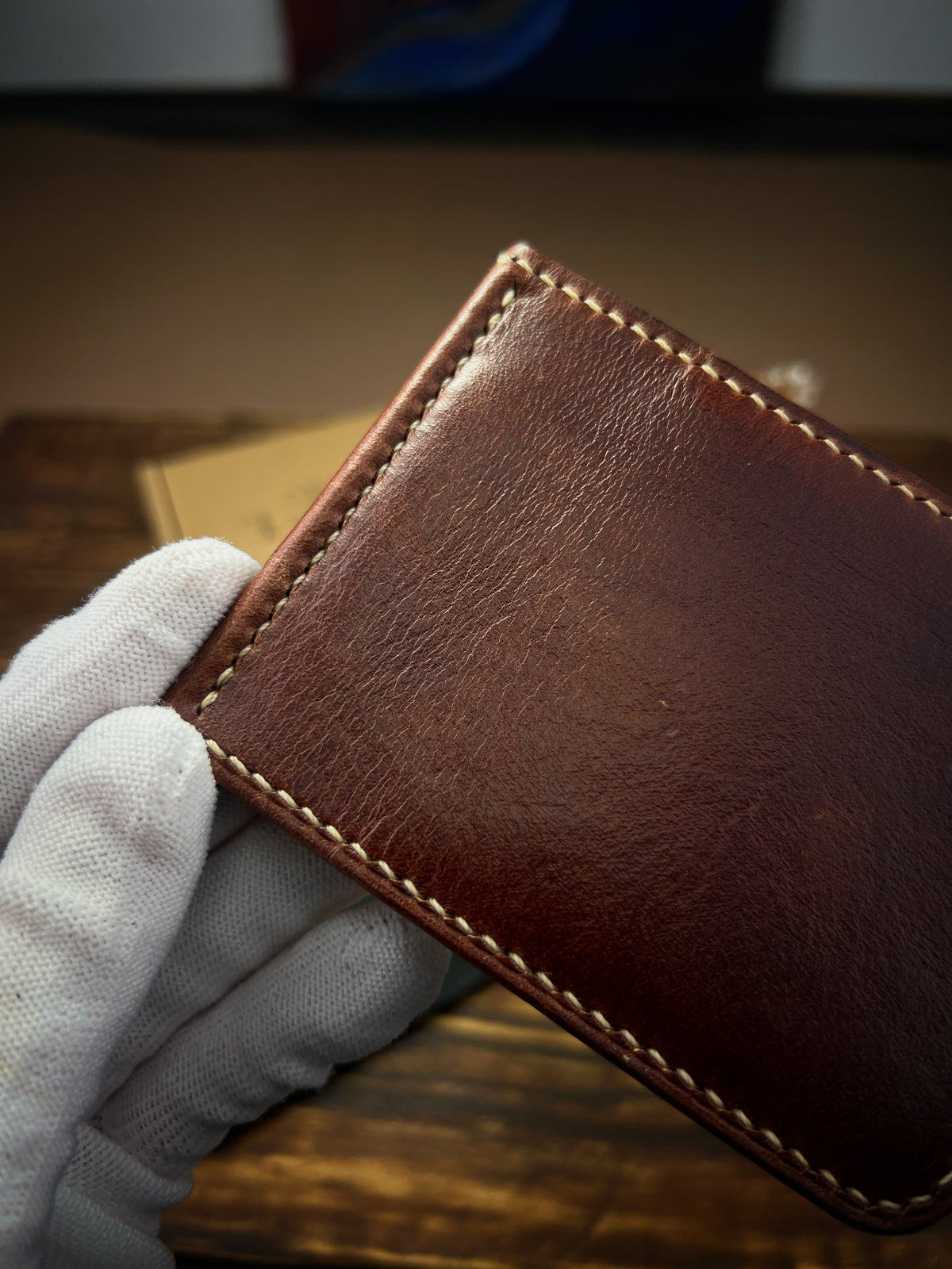 Wax-Finished Cognac Pueblo Leather Money Clip – Beige Hand-Stitched Wallet
