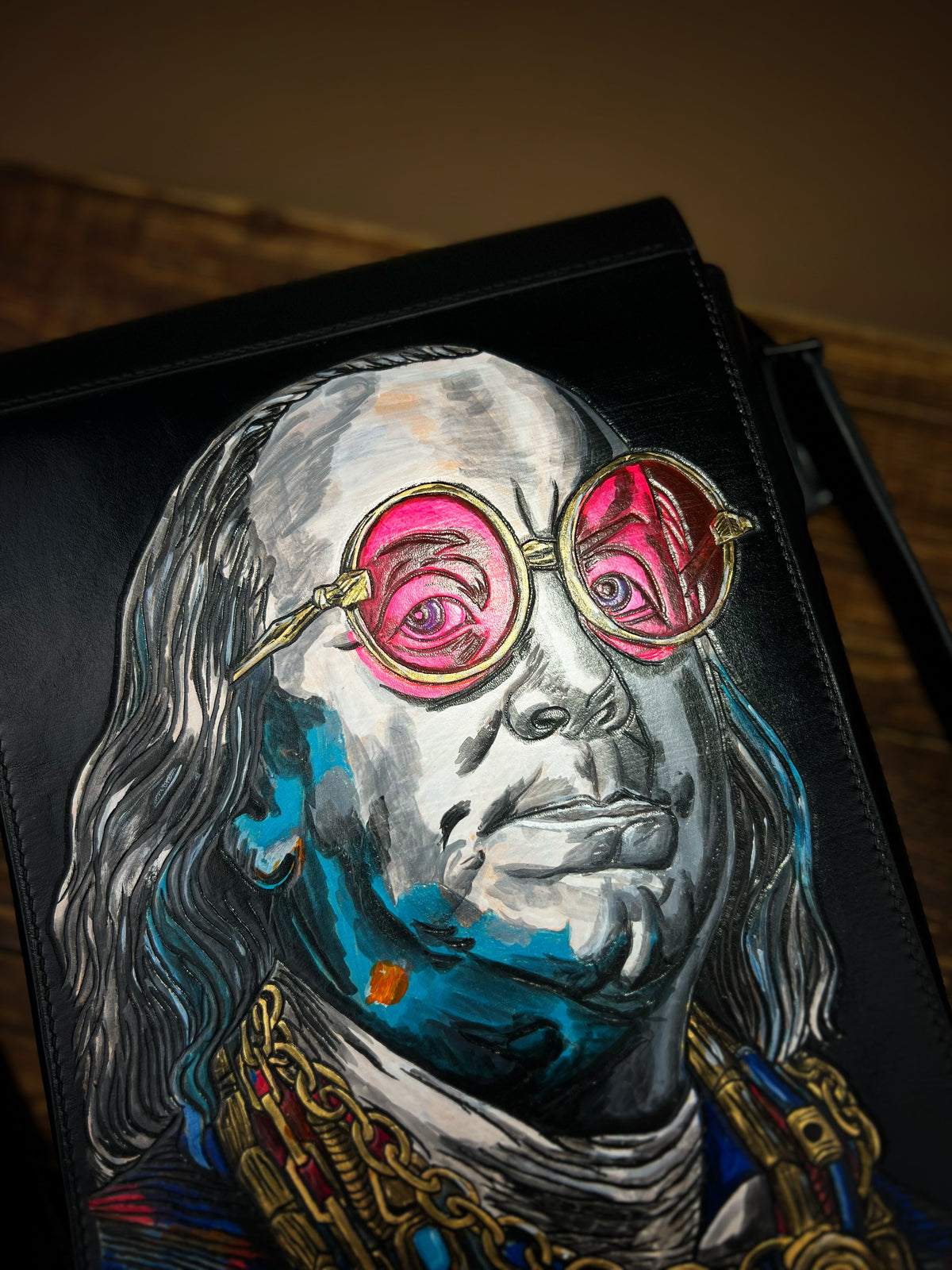1-of-1 Hand-Painted Benjamin Franklin Pop Art Leather Shoulder Bag – Exclusive Artwork Object