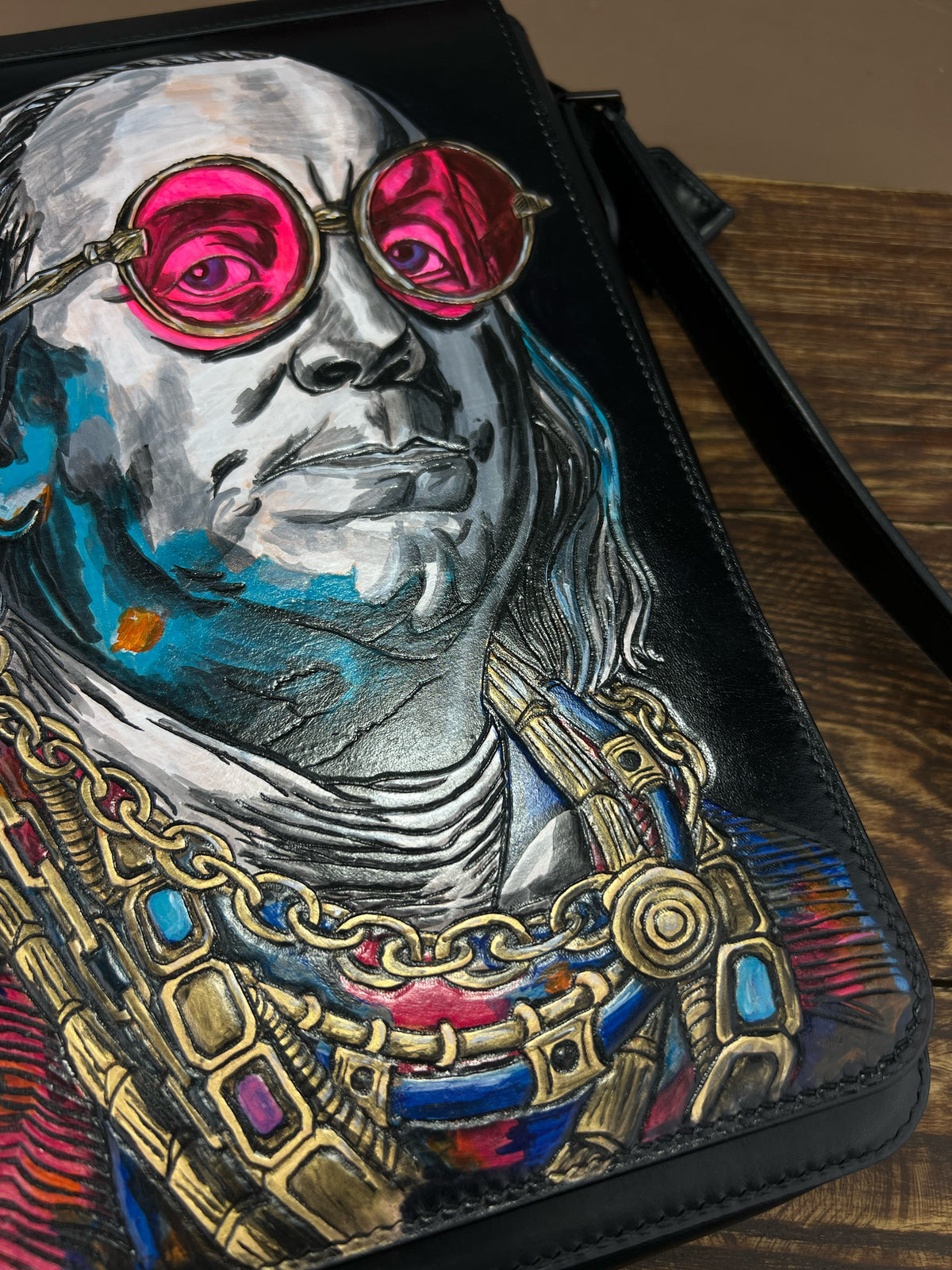 1-of-1 Hand-Painted Benjamin Franklin Pop Art Leather Shoulder Bag – Exclusive Artwork Object