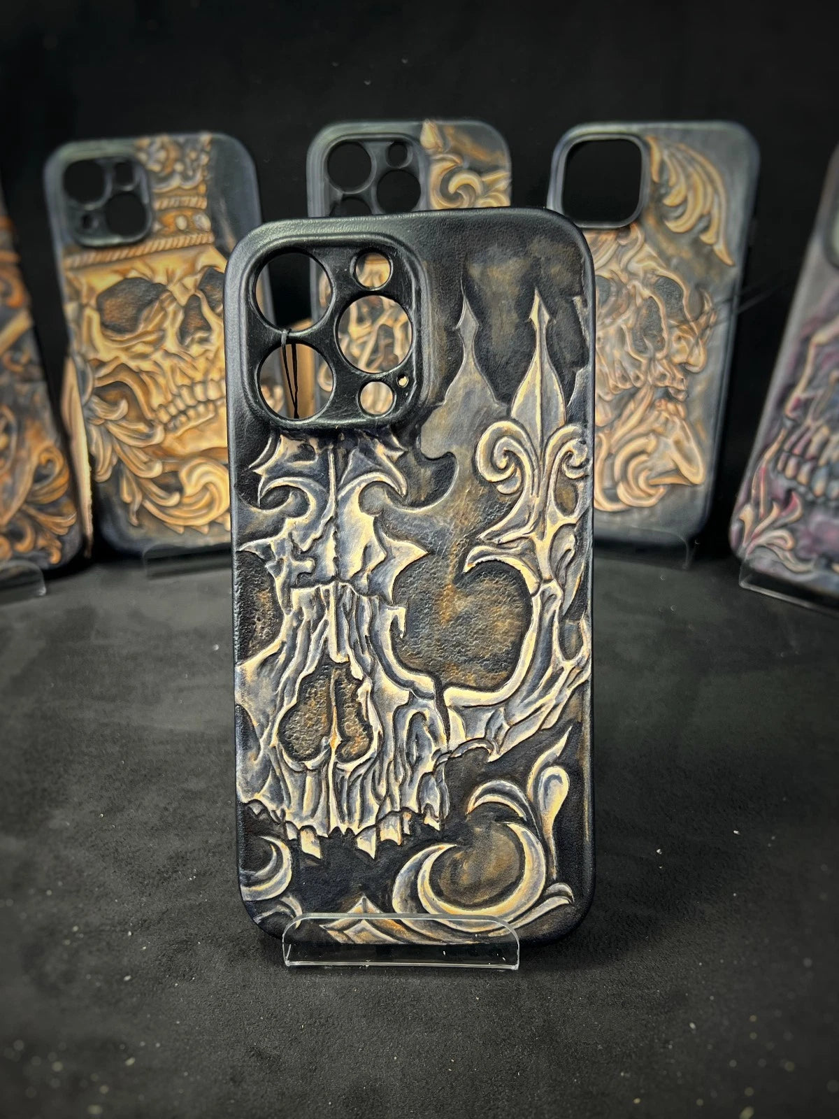 Hand-Carved Leather iPhone 14 Pro Max Case: Embossed Skull, Alcantara Interior