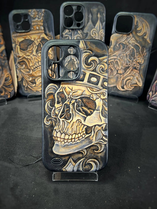 Hand-Carved Leather iPhone 14 Pro Case: Embossed Skull Art