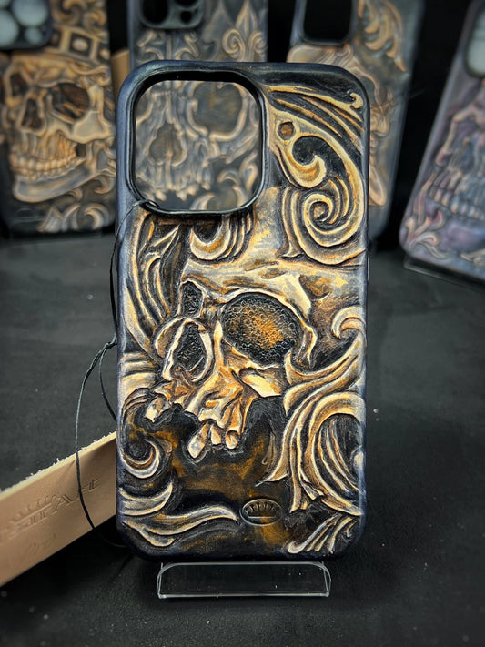Hand-Carved Leather iPhone 13 Pro Case: Embossed Skull Art