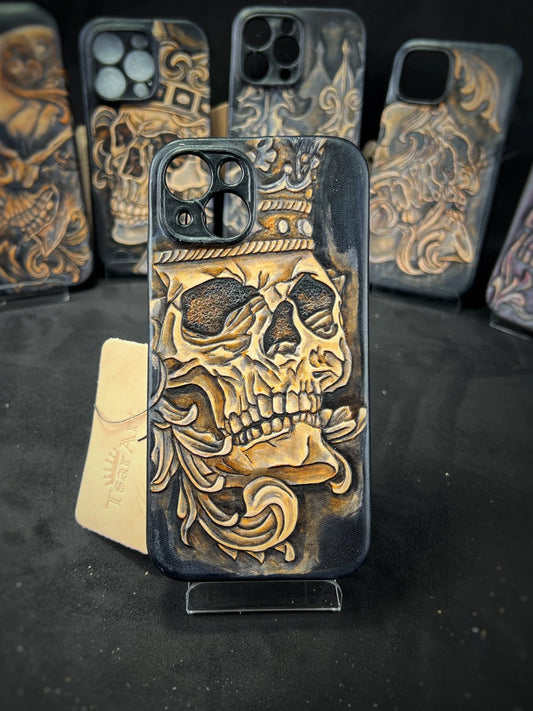 Hand-Carved Leather iPhone 14 Case: Embossed Skull Art