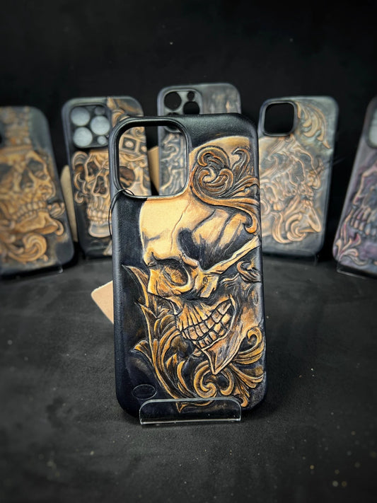 Hand-Carved Leather iPhone 13 Pro Max Case: Embossed Skull Art