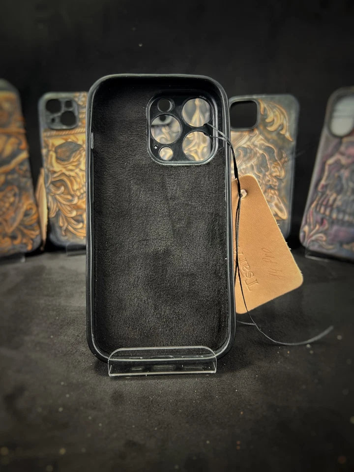 Hand-Carved Leather iPhone 14 Pro Case: Embossed Skull Art