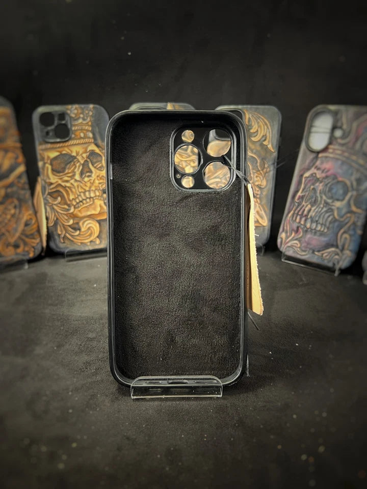 Hand-Carved Leather iPhone 14 Pro Max Case: Embossed Skull, Alcantara Interior