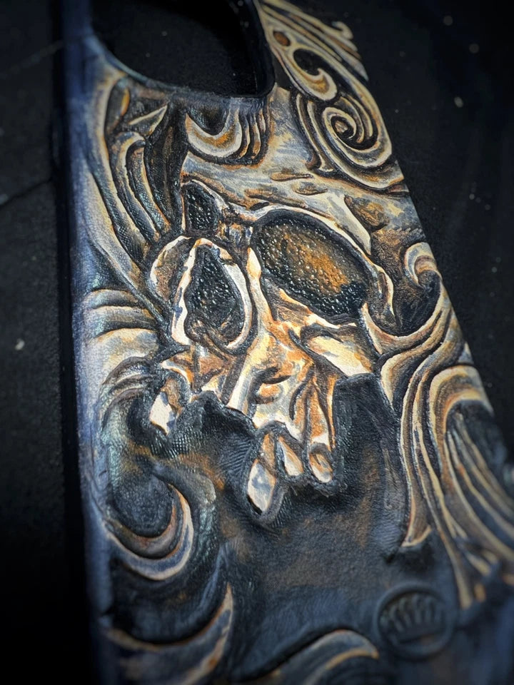 Hand-Carved Leather iPhone 13 Pro Case: Embossed Skull Art